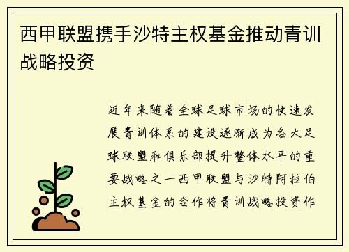 西甲联盟携手沙特主权基金推动青训战略投资